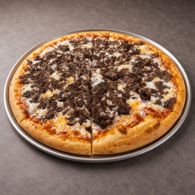 Beef or Chicken Cheesesteak Pizza.