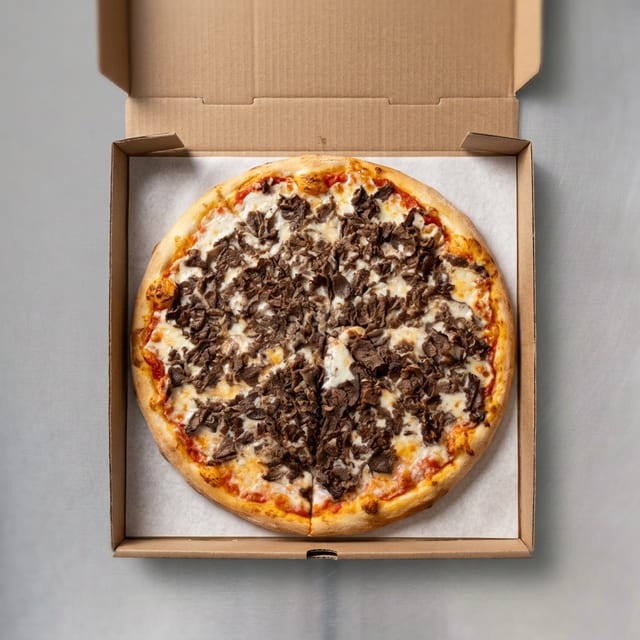 Beef or Chicken Cheesesteak Pizza.